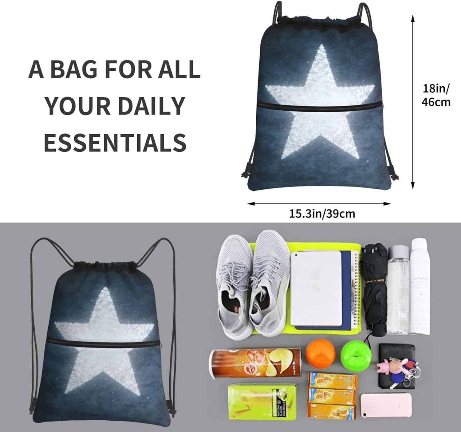Fluorescent Star Print Drawstring Gym Bag, Stylish Sports Bag Unisex, Yoga Bag and Travel Drawstring Bag