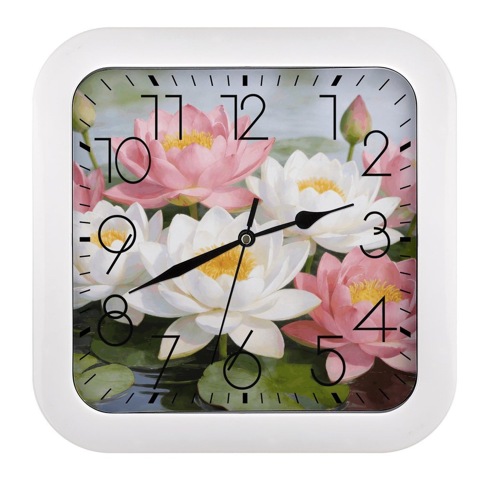 Fodpand Style Clear Pond Lotus Rhythms Wall Clock,Battery Operated Modern Retro Rounded Square Clock Clock For Bedroom Living Room Office Home Gym Porch Decor Indoor Outdoor 10.2 * 10.2In
