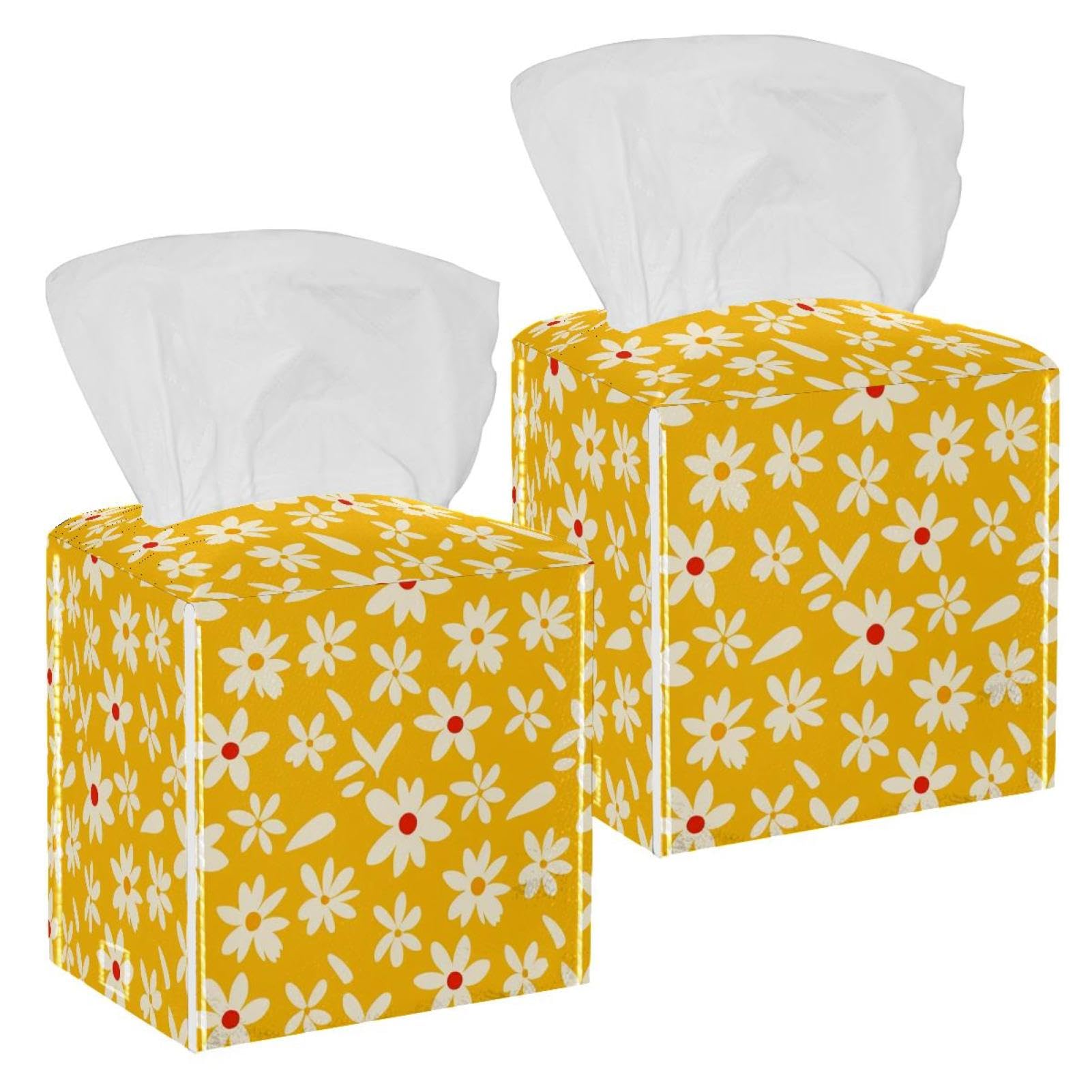 Daisy Tissue Box Cover, 2 Pack PU Leather Square Facial Tissue Dispenser Box holder for Home Office Car