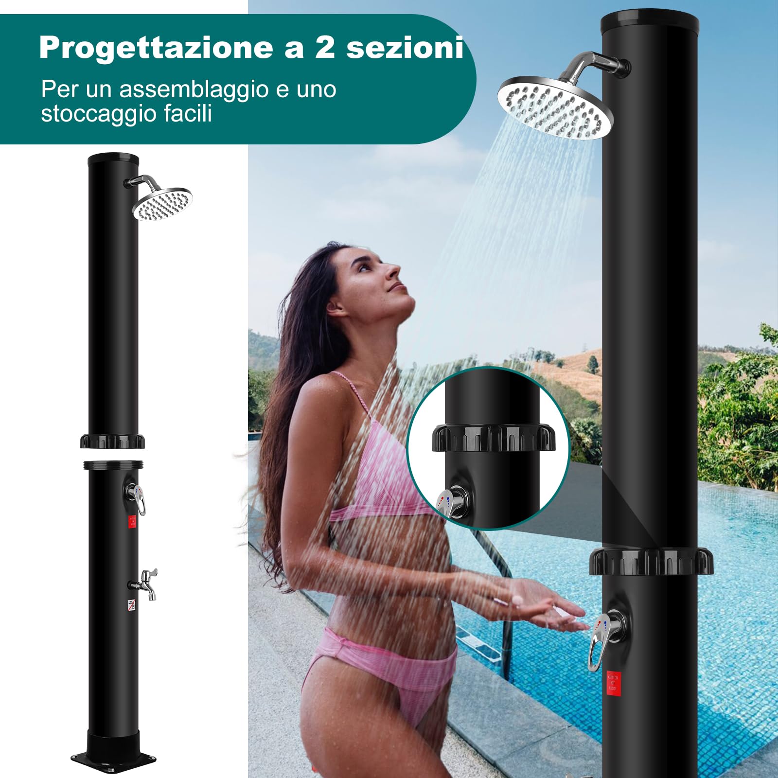 Doccia Solare da Giardino 40L, Caldo e Freddo Regolabile, 60°C Max, Senza Elettricità, Doccia Solare Esterno con Soffione Rotante, Rubinetto a Pedale e Raccordo per Tubo Flessibile