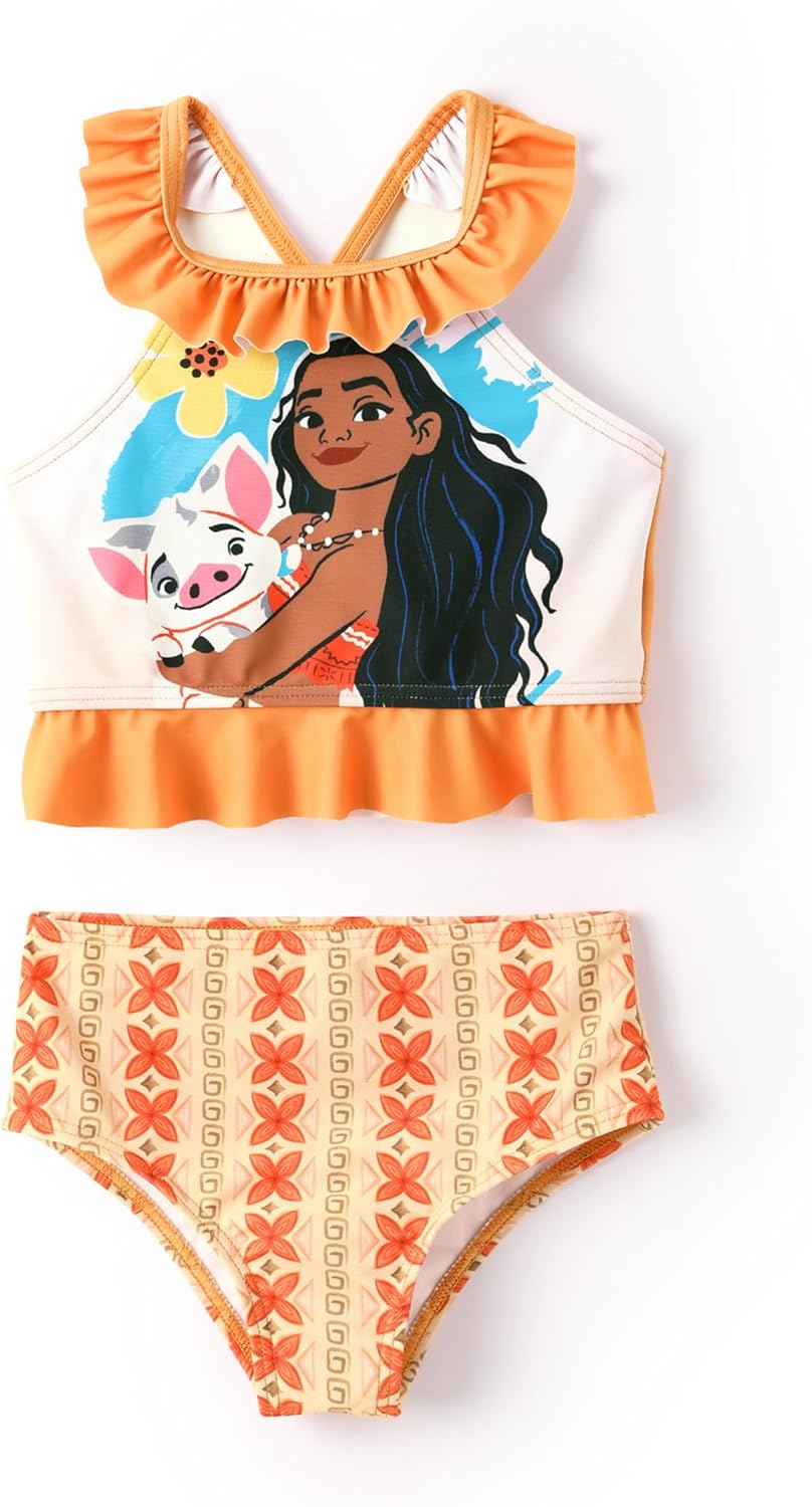 Disney Princess Toddler Girls 2 Piece Bikinis Sets:Cartoon Print Bikini with Ruffled Top Orange 2 Years