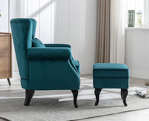 Miniatura 72 de Kmax Silla de club de terciopelo con diseño de trono copetudo de mediados de siglo, asiento acolchado, patas de madera, para el hogar, club, Tela