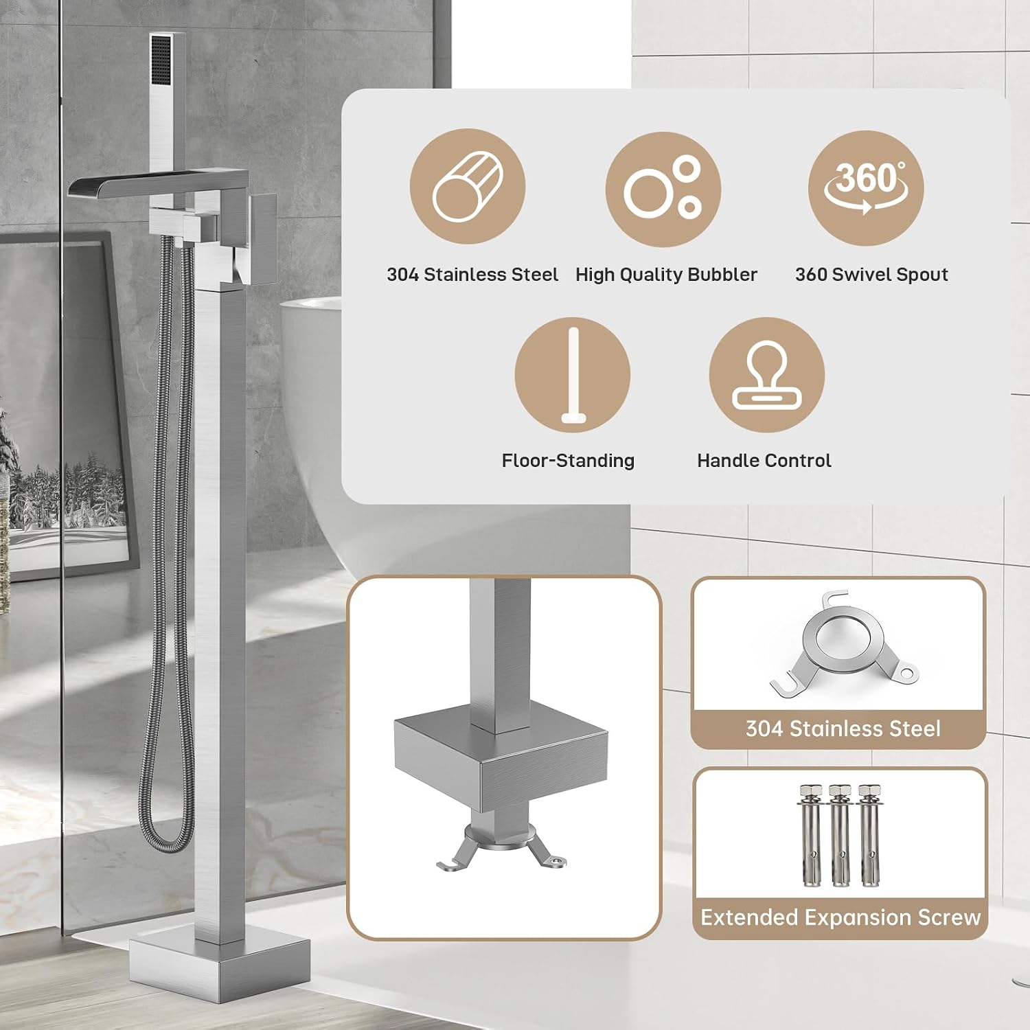 Freestanding Bathtub Faucet, Floor-Mount Tub Filler Brushed Nickel, Standing Tub Faucet,Single Handle Standing Brass Mixer Tap with Hand Held Shower and Swivel Waterfall Mixer Spout,cUPC Certified