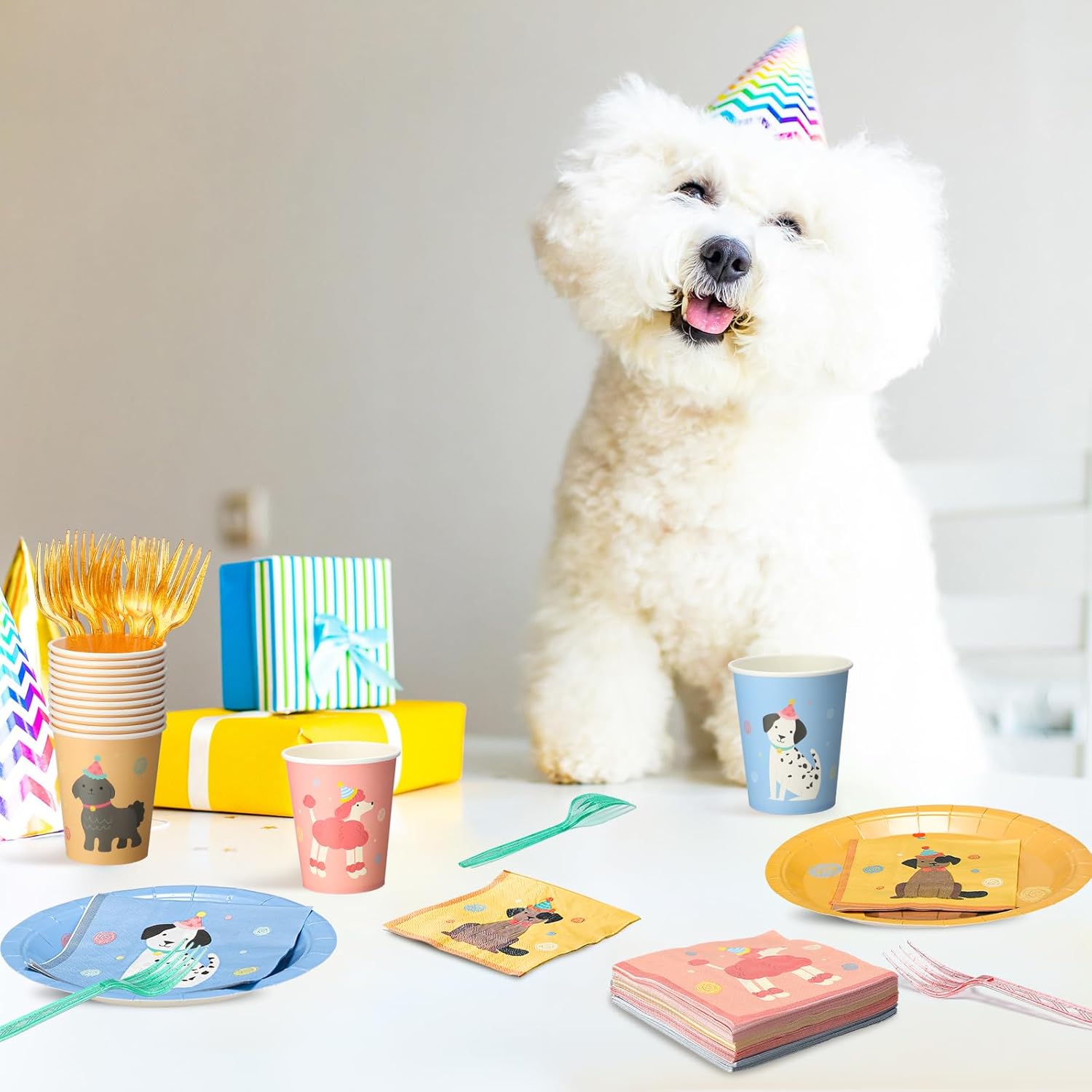 Havawish 240 Pcs Pet Dog Birthday Party Supplies Retro Puppy Themed Paper Plates Napkins Cups Vintage Puppy Face Party Tableware Disposable Pet Dinnerware for Birthday Baby Shower Table Decor