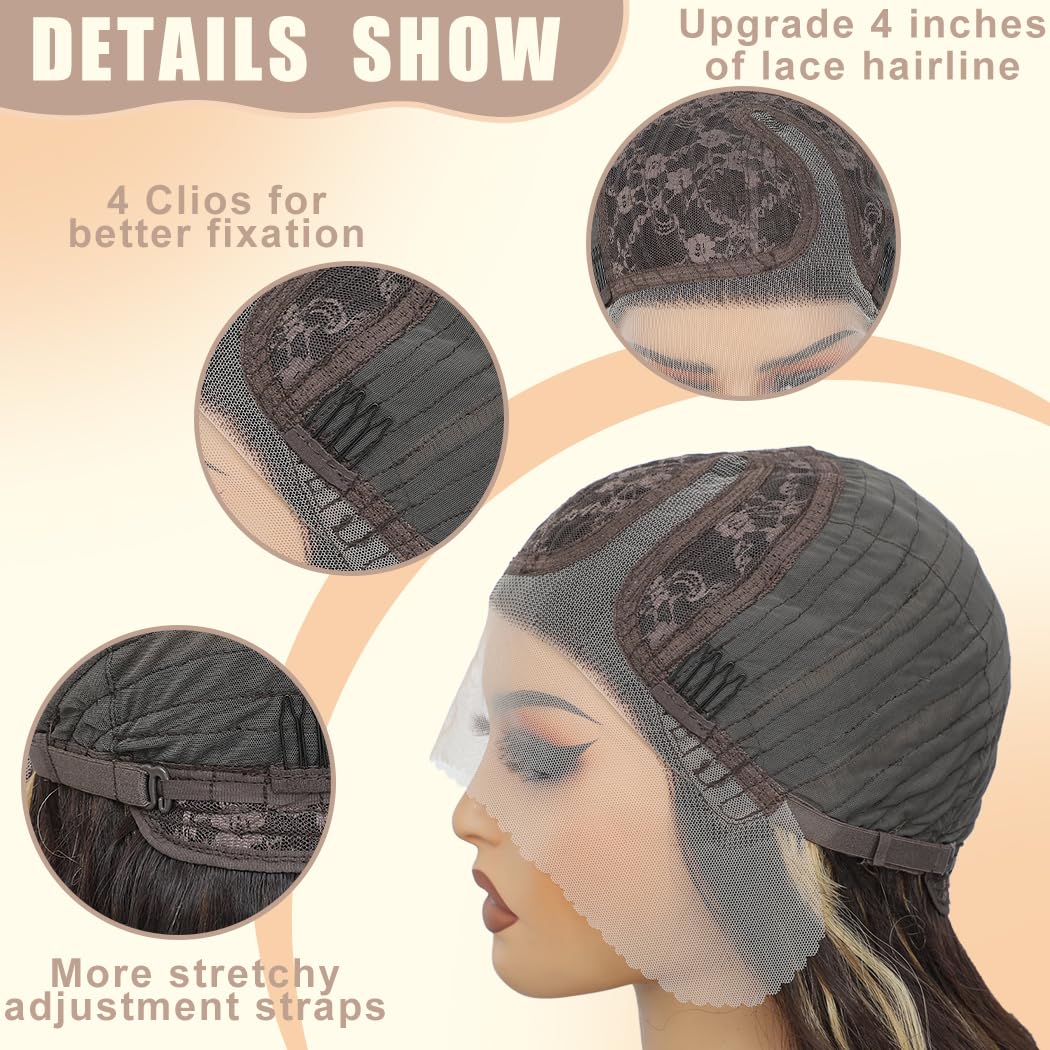 Highlight Synthetic Lace Front Wig, Brown Blonde Highlights Wig Pre-Plucked HD Glueless 13X4X1 Long Wavy Lace Front Wig For Black Women 26inch Suitable For Everyday Wear