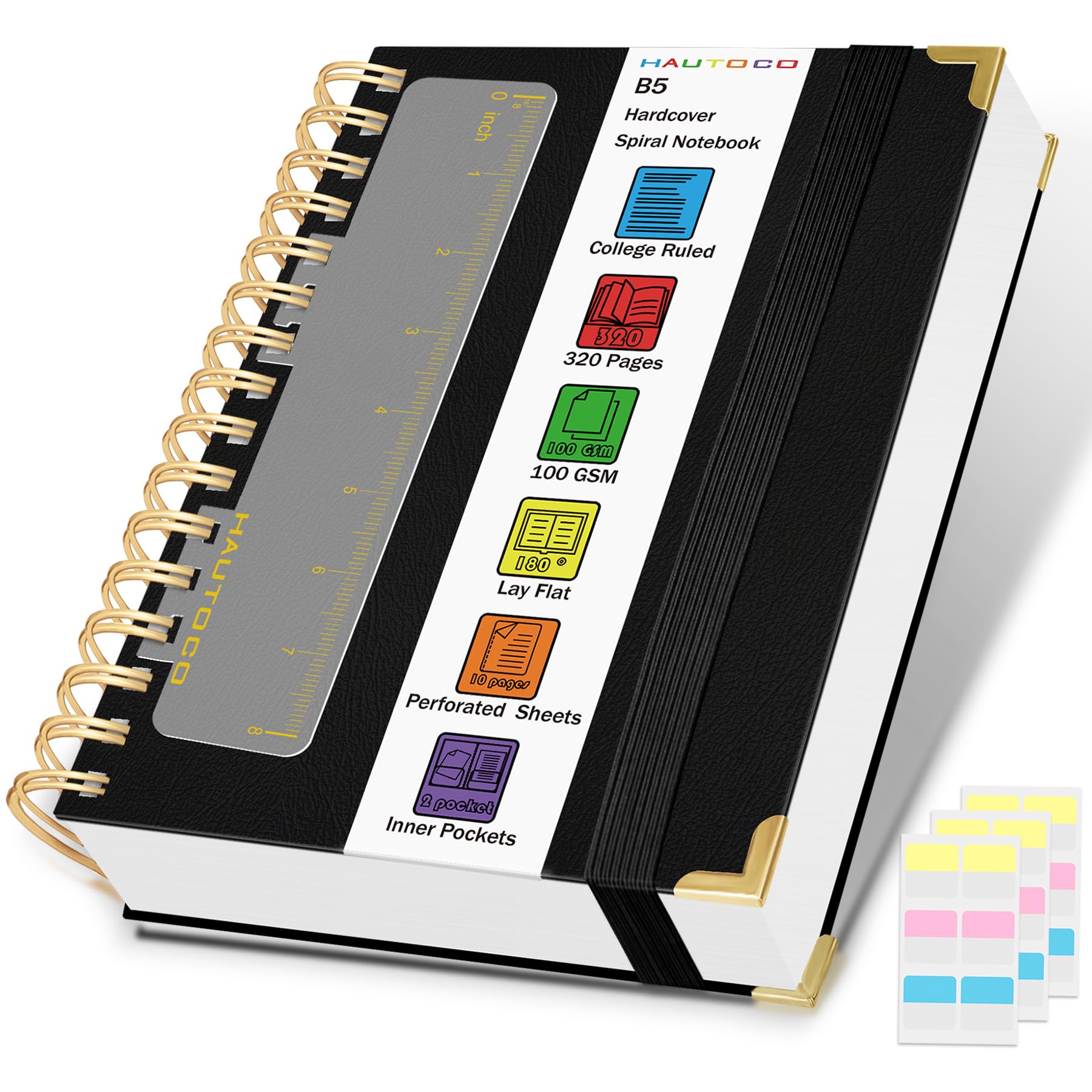 HAUTOCO Spiral Notebook College Ruled B5 Leather Bound Journal, 320 Pages, Hardcover Notebooks with tabs, 100 GSM Paper, 7"x 9.7" Lined Journaling Notebooks for Work Office School Business, Black