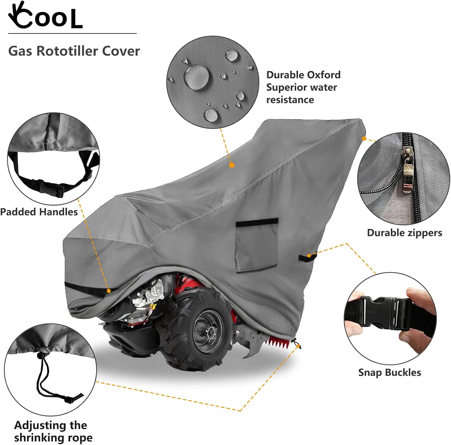 Okcool Gas Rototiller Cover,Waterproof Heavy Duty 600D Rear Tine Tiller Cover, Universal Tiller Cover with Air Vent (Grey)