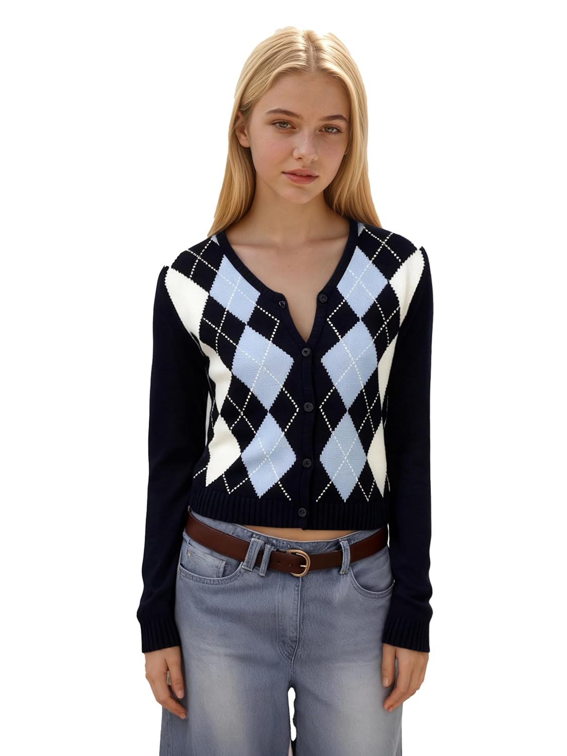 Womens Argyle Pattern Cropped Cardigan Navy Blue Light Blue White Knitted V-Neck Button-Down Long Sleeve Sweater for Casual