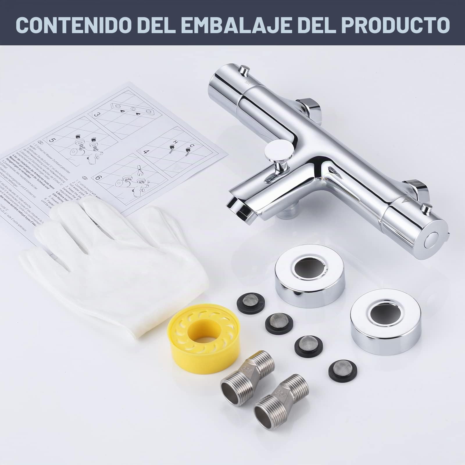 Grifo de bañera termostático, grifo de bañera de cobre 38℃ antiquemaduras mezclador bañera con ahorro de agua M24 Perlator para bañera