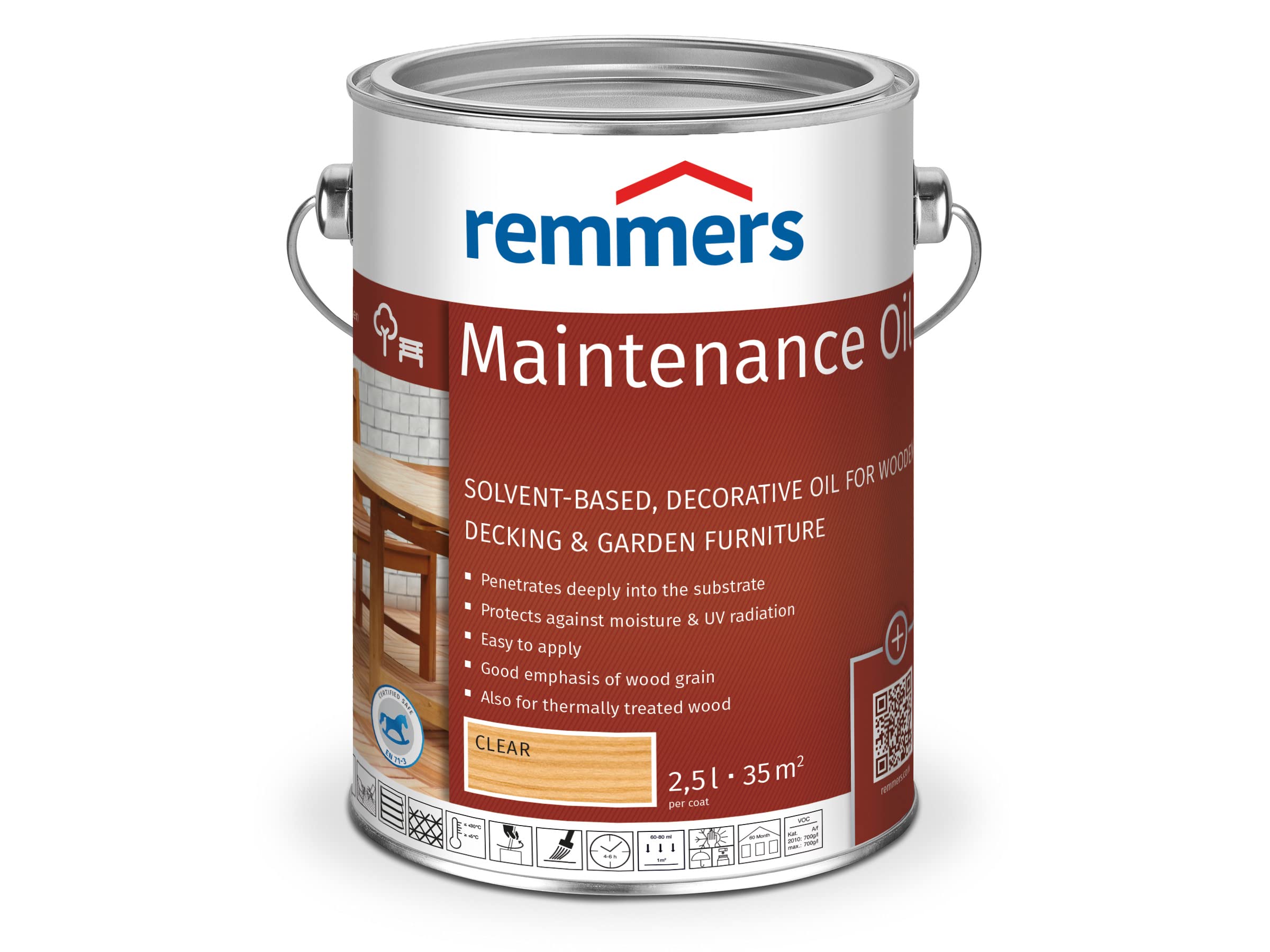 Remmers Maintenance Oil Clear, 2,5 litres, Solvent-Based, Decorative Wood Oil for Indoor and Outdoor Woods, Water-Repellent, Weather-Resistant, Brilliant Colour Shades