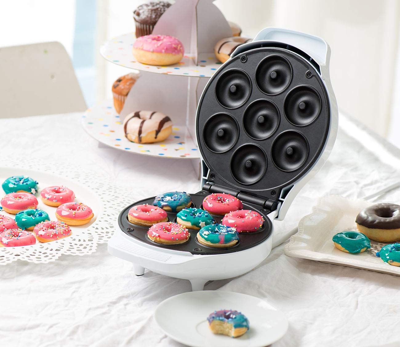 Rosenstein & Söhne Procesador de alimentos: Mini fabricante de donas, revestimiento antiadherente, 1000 vatios (Máquina para hacer gofres para rosquillas)