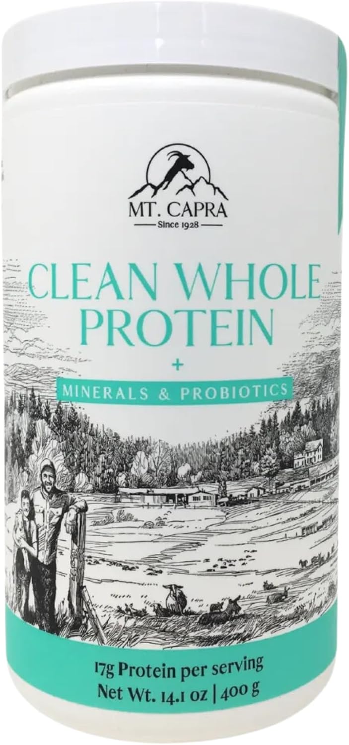 Mt. Capra Clean Whole Protein + Minerals & Probiotics | Grass-Fed Goat Milk Protein, Contains Casein and Whey Protein, No Sweeteners, No Flavors | 17 g Protein per Serving | 13 Servings - 14.1 oz