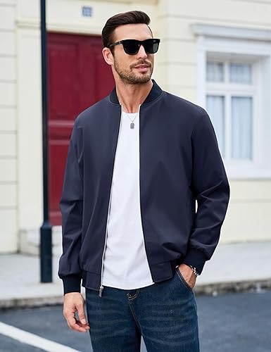 Vista 4 de MAGCOMSEN Chaqueta bomber para hombre, ligera, casual, con cremallera, rompevientos, primavera, otoño, abrigo de golf con bolsillos