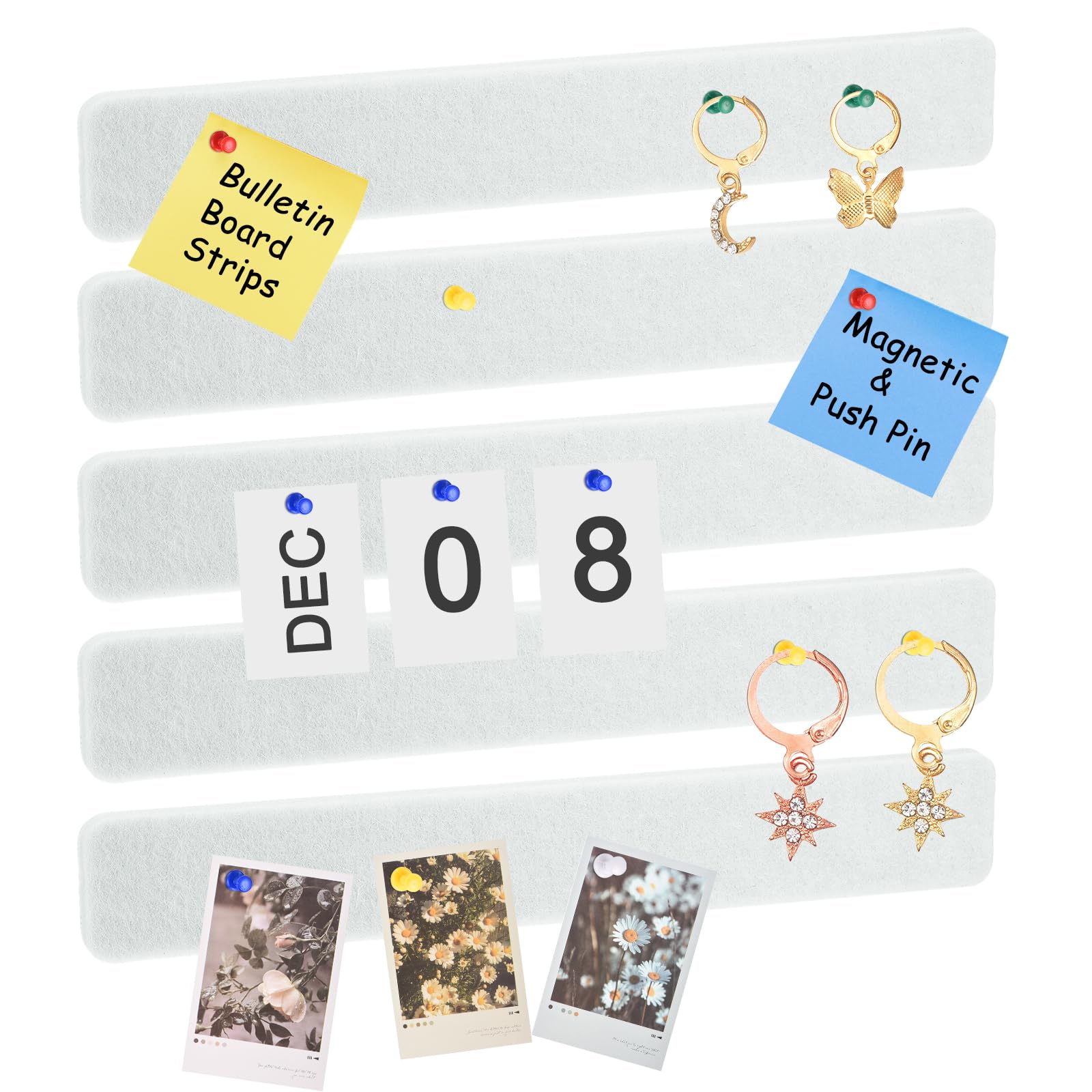 sourcing map 6 Pack Felt Pin Board Bar Strip, 33cm x 5cm Cork Board Bar Strips Self-Adhesive Bulletin Board Strips with 35 Push Pins for Paste Notes Photos, White