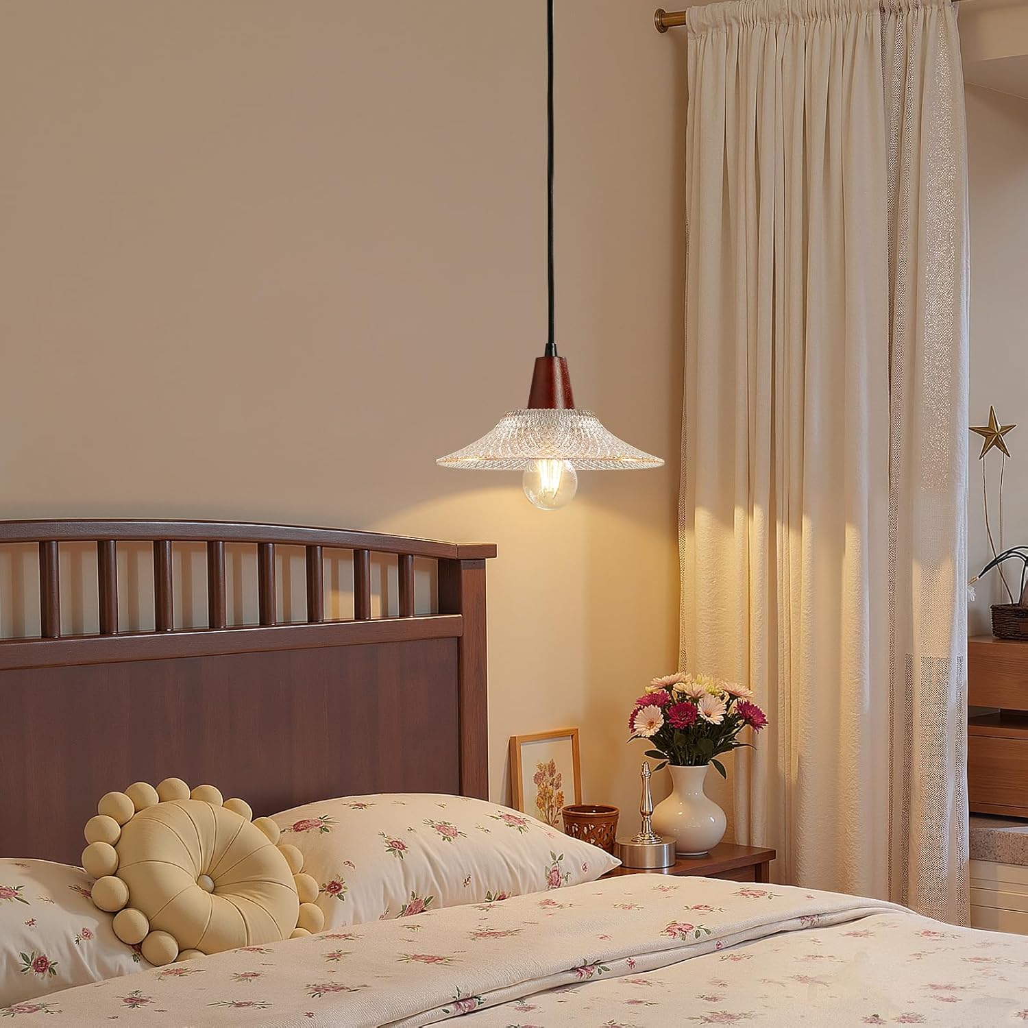 Pendant Lights Kitchen Island: 3 Pack Wooden Hanging Lights with Glass Shade, E26 67 inch Height Adjustable Rustic Modern Farmhouse Vintage Hanging Chandeliers for Dining Room Bedroom Nursery