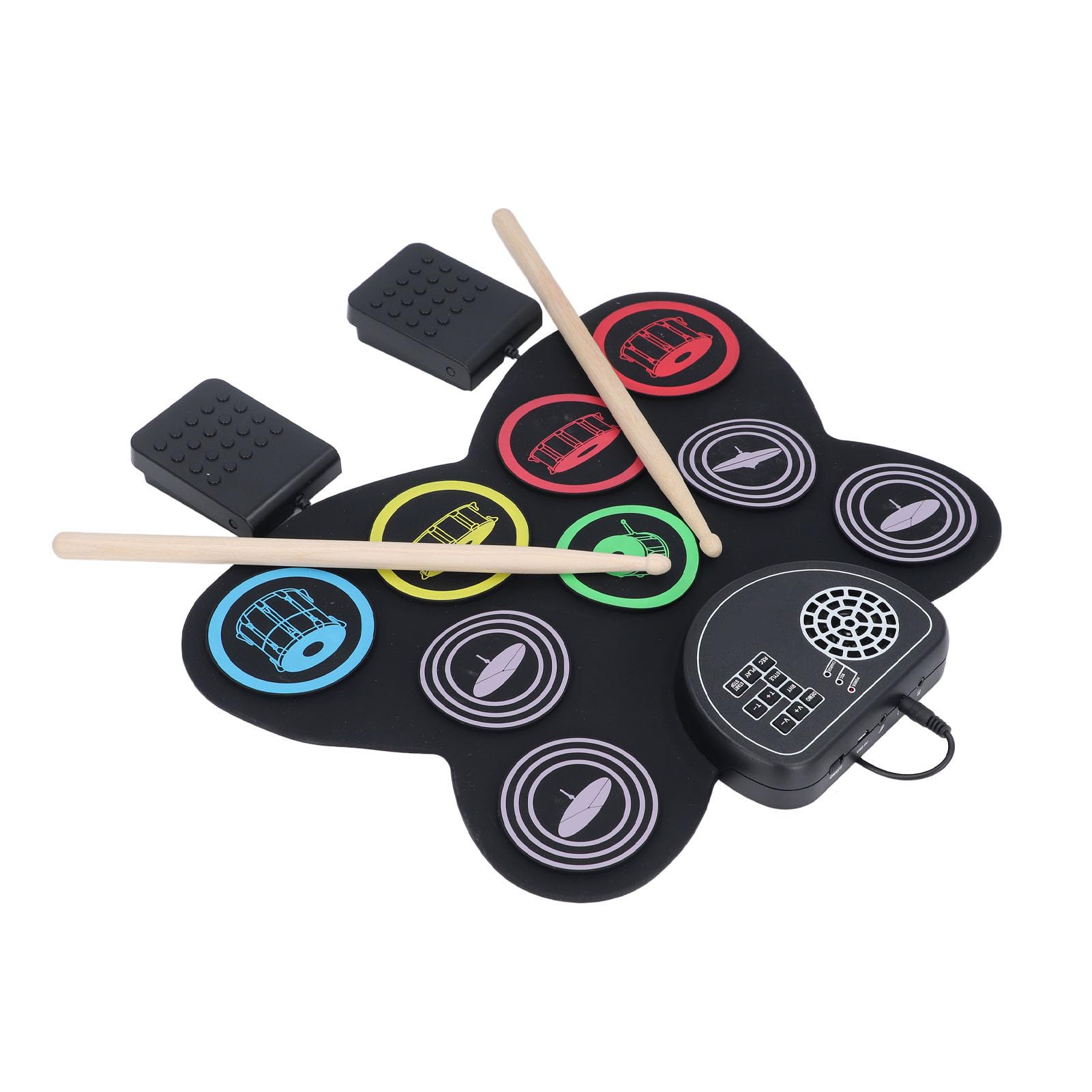Batería Electrónica Enrollable, 7 Pads con Altavoz Incorporado y Grabación, Kit Portátil Recargable para Auriculares, for Práctica en Casa, Músicos Principiantes, Niños y Regalo Ideal