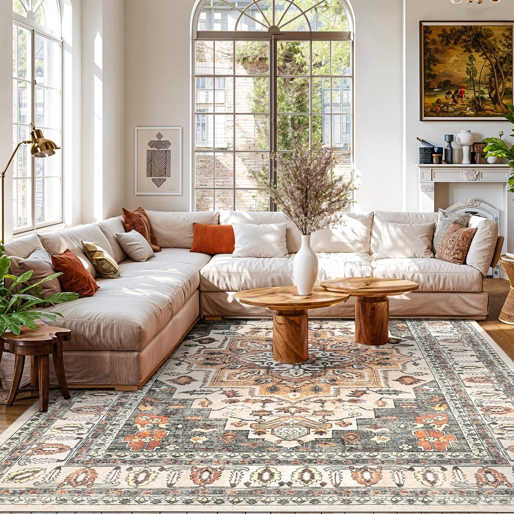 SONORO KATE Area Rugs 8x10, Machine Washable Boho Rug,Large Area Rugs for Bedroom, Non-Slip Rugs for Living Room,Stain-Resistant Vintage Carpet for Office, Dining Room, Indoor(Turmeric/Grey,8' x 10')