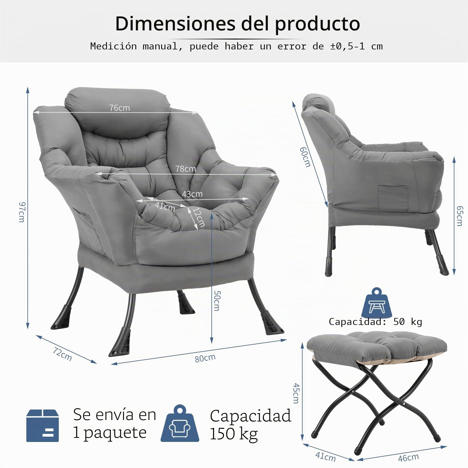 Clevich Sillón de Orejas con Taburete, Silla Lazy Chair con Bolsillo Lateral y reposapiés, sillón de Lectura para salón, Dormitorio y Oficina, Gris Oscuro