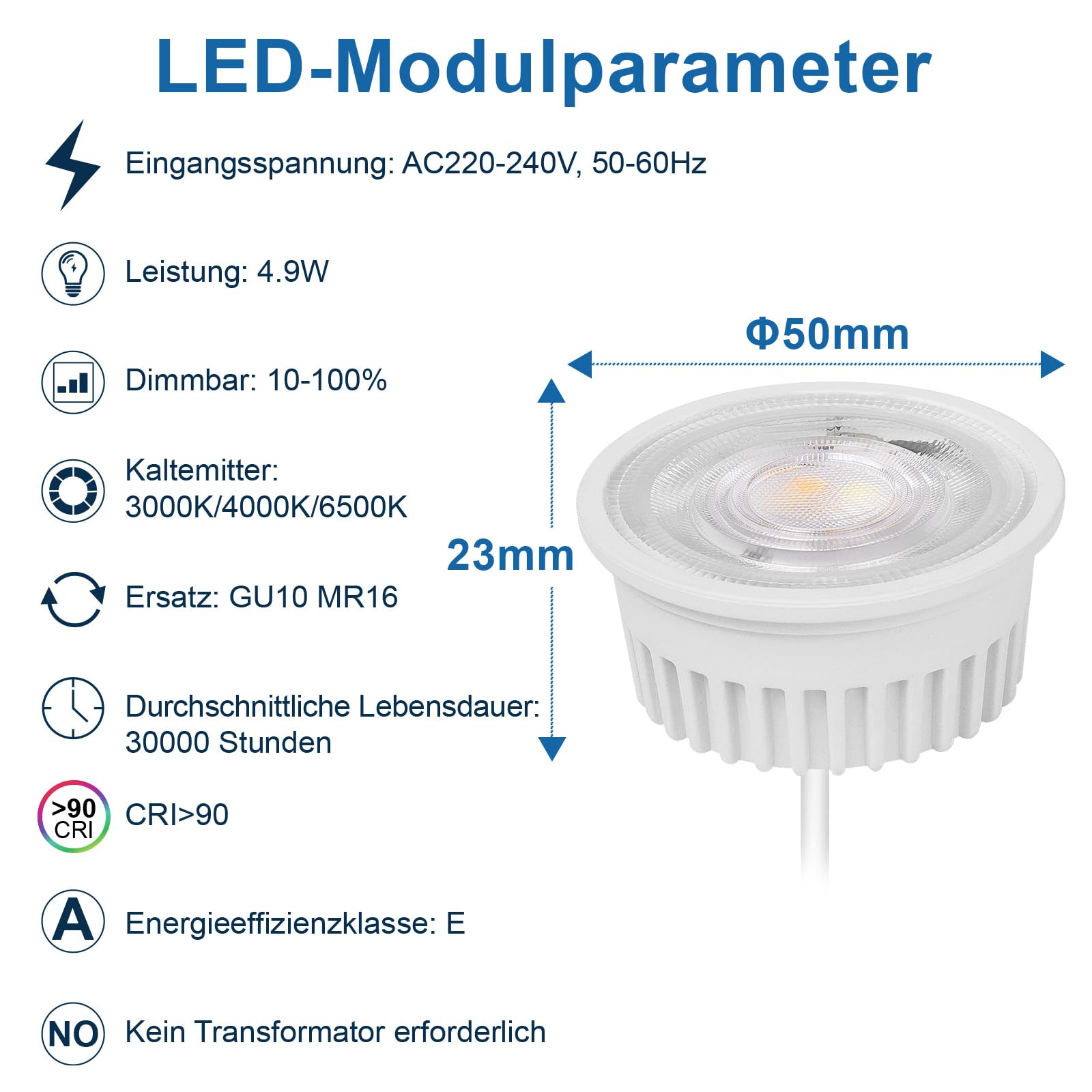 YindaLux 10er Set 3CCT LED Modul 230V - Ultra Flach ø50*23mm für Einbaustrahler - 4.9W 500LM 38° Abstrahlwinkel - 3000K/4000K/6000K Dimmbar - Ersetzt GU10 MR16 Leuchtmittel - IP44 Wasserdicht