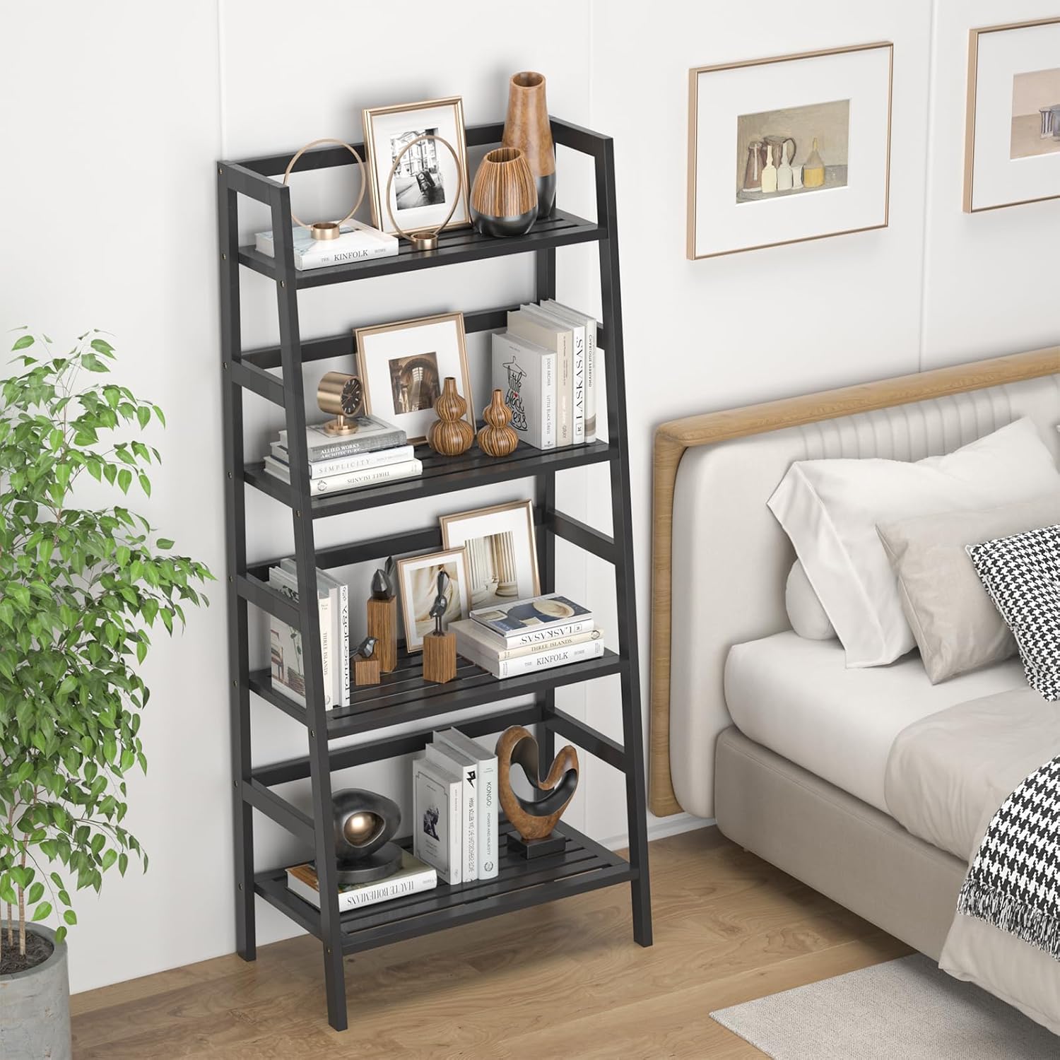 Homykic Bamboo Over The Toilet Storage and Ladder Shelf Bundle, Black