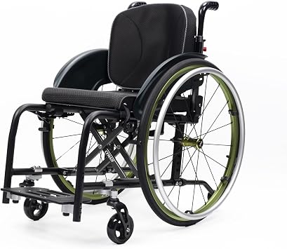 Portable Wheelchair Ultra Lightweight Foldable Manual Chair, Aluminium Alloy, Removable Tires, Anti-Tip Wheels, for Aircraft, TravelGreen,36cm/14.1in Seat