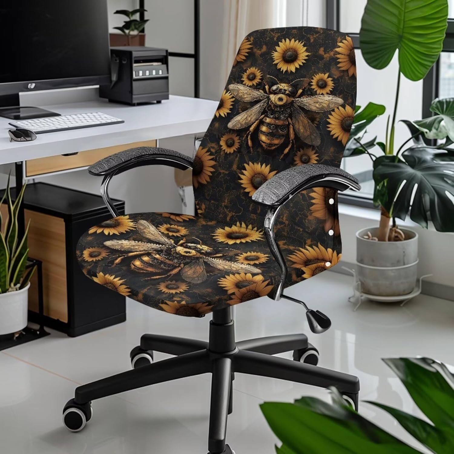 Suobstales Bee Sunflower Print Office Chair Covers Removable Computer Chair Slipcover Universal Rotating Desk Chair Slipcover Stretch Boss Chair Seat Cover, Large
