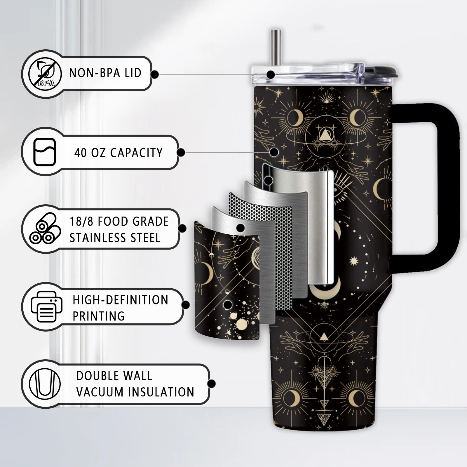 Goth Gifts for Women, 40 Oz Goth Tumbler with Handle & Straw, Birthday Presents for Goths Style Lovers, Stainless Steel Goths Tumbler, Moon Witchy Cup, Gifts for Thanksgiving Christmas, 1 PCS