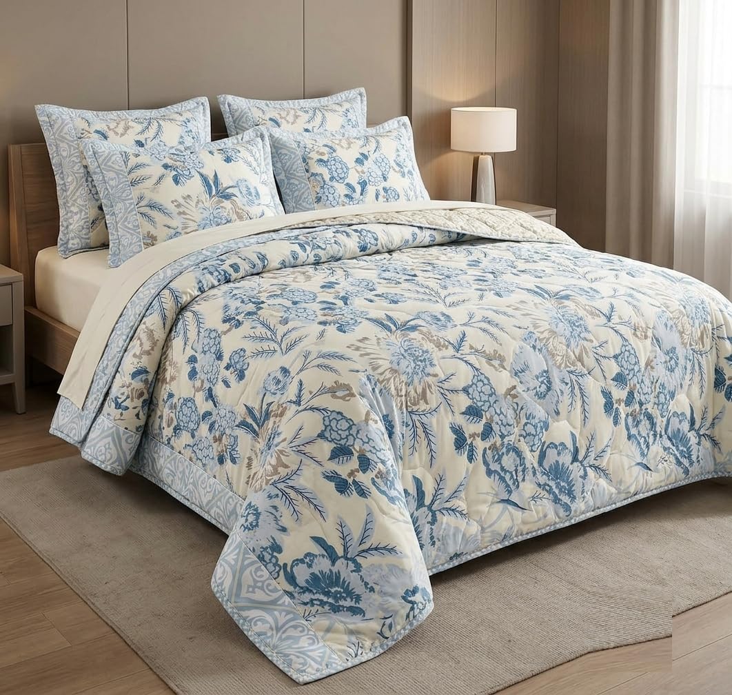 NWF Double Bed AC Comforter for Summer | Lightweight All Season Quilt for Double Bed | Soft Glace Cotton Fabric, Breathable & Cooling Comforter | 90 x 90 Inches (Blue Floral)-image-19