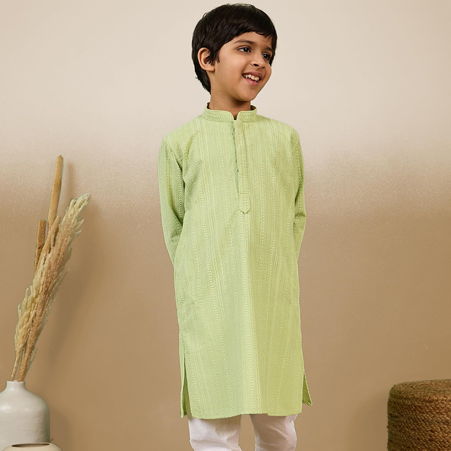 Sanwara Chic & Classic Boys Solid Light Green Chikankari Designer Cotton Kurta 28( 1