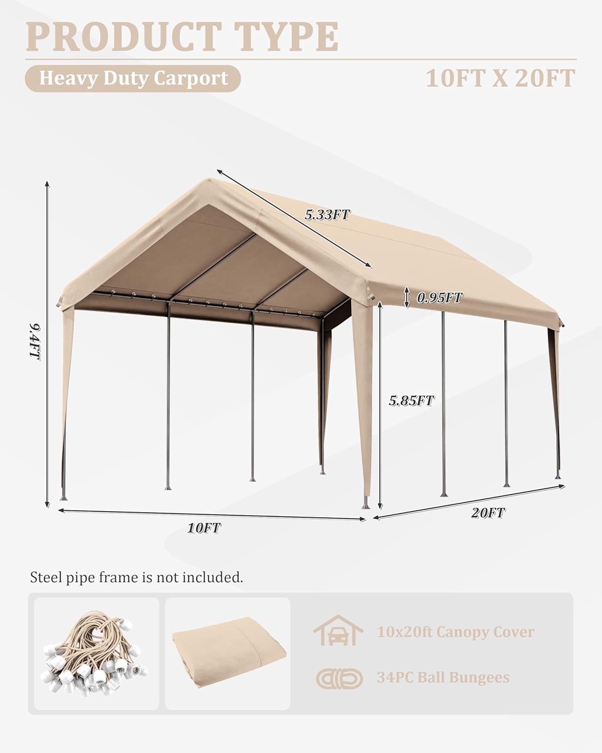 10 X 20 Ft Canopy Replacement Cover Heavy Duty Waterproof UV & Tear Resistant Car Tarp Canopy Tent Garage Top Shelter Oxford Cover with Ball Bungees (Frame is Not Included)