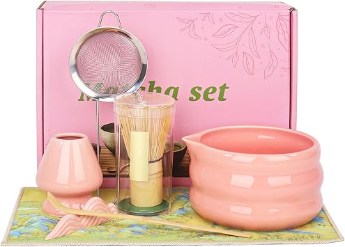 Set of 7 Matcha Tea Set with Whisk and Bowl Matcha Kit for Ceremony Matcha Whisk, Gift for Matcha LoverPink