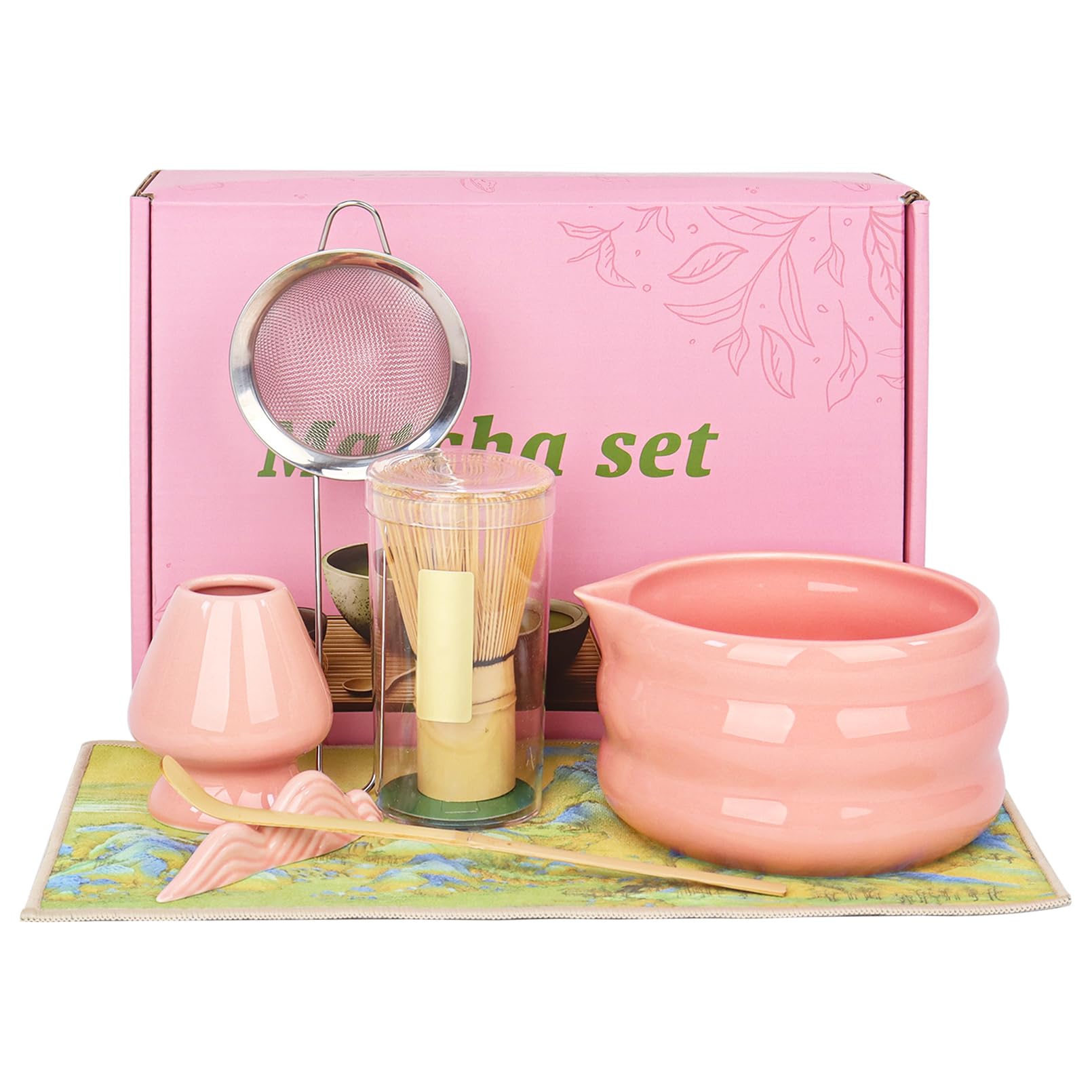 Balai à matcha rose avec bol et passoire en kit complet de 7 pièces