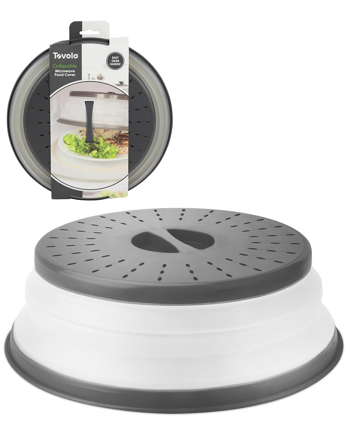Tovolo Microwave Splatter Cover for Food Medium Charcoal - Collapsible Vented Silicone Splatter Guard Lid - Microwave Plate