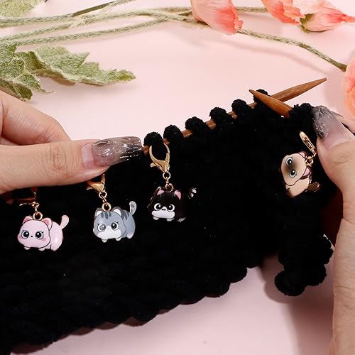 Miniatura 8 de DoreenBeads 7 marcadores de punto de gato para ganchillo y tejer, esmalte de aleación de bloqueo, lindo marcador de punto de ganchillo con cierre de