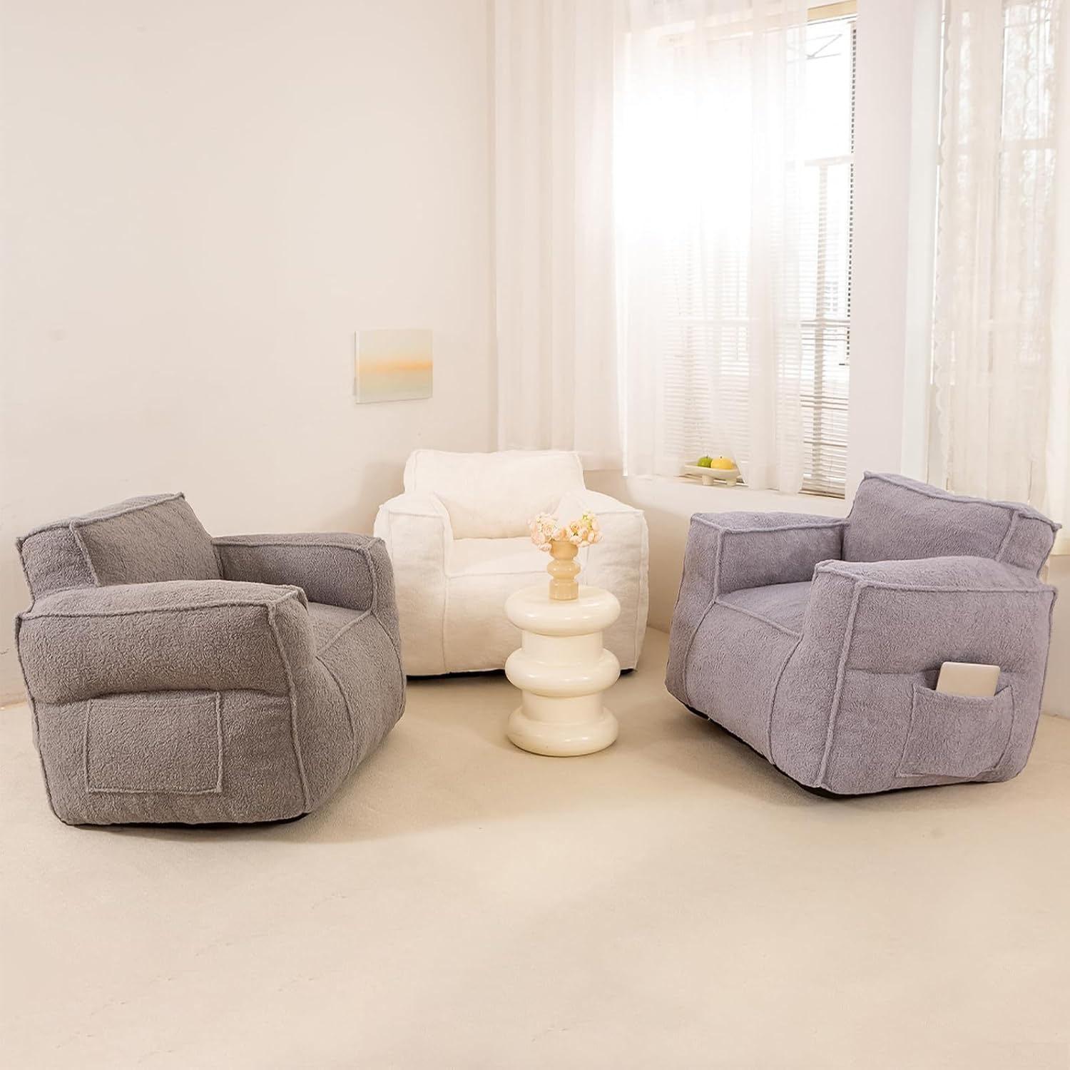 Sherpa Giant Bean Bag Chair for Adult, Beanbag Sofa Couch with Soft Stuffed Memory Foam, Comfy and Lazy Sofa for Dorm, Apartment, Living Room and Bedroom, Cream
