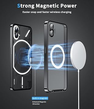 for Nothing Phone 2 磁気ケース MagSafeワイヤレス充電器対応 メタルフレーム 半透明マットPCバックカバー 耐衝撃保護ケースカバー Nothing Phone 2 - ブラック