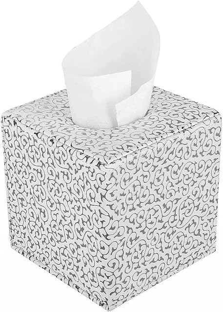 Queiting Tissue Box Holder Cube PU Leather Napkin Holder Tissue Box Cover Paper Box Square Napkin Dispenser for Home Office Car Hotel Bathroom Vanity Countertops (Silver Carving)