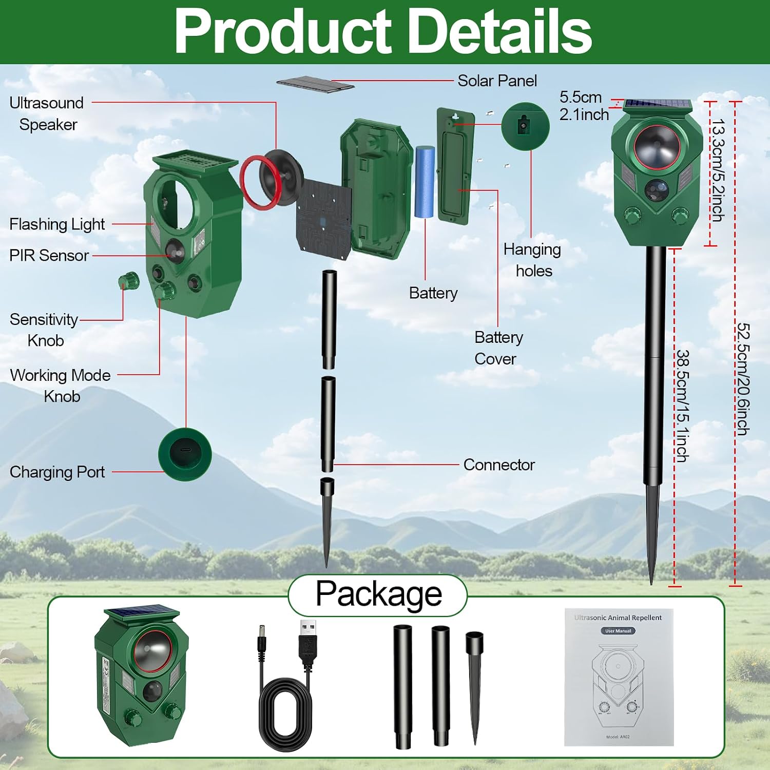 Solar Ultrasonic Animal Repellent,Cat Dog Repellent Outdoor,Solar Animal Repeller with Motion Sensor,Waterproof Rabbit Repeller with Flahing Light for Yard Skunks,Raccoon Birds Squirrels Deer-One Pack