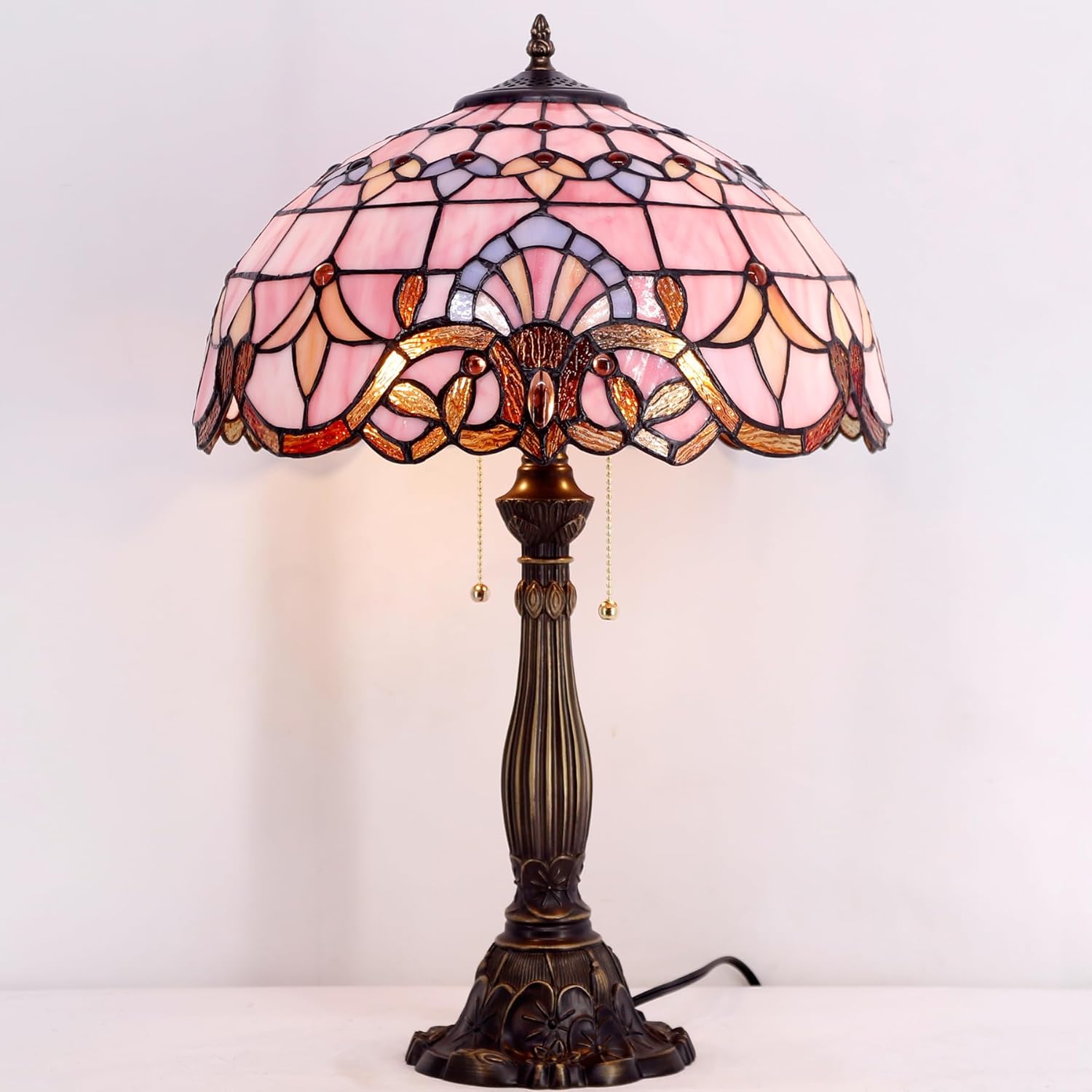 WERFACTORY Tiffany Lamp Pink Stained Glass Baroque Bedside Table Lamp Style Desk Light 16X16X24 Inches Decor Bedroom Living Room Home Office S003P Series