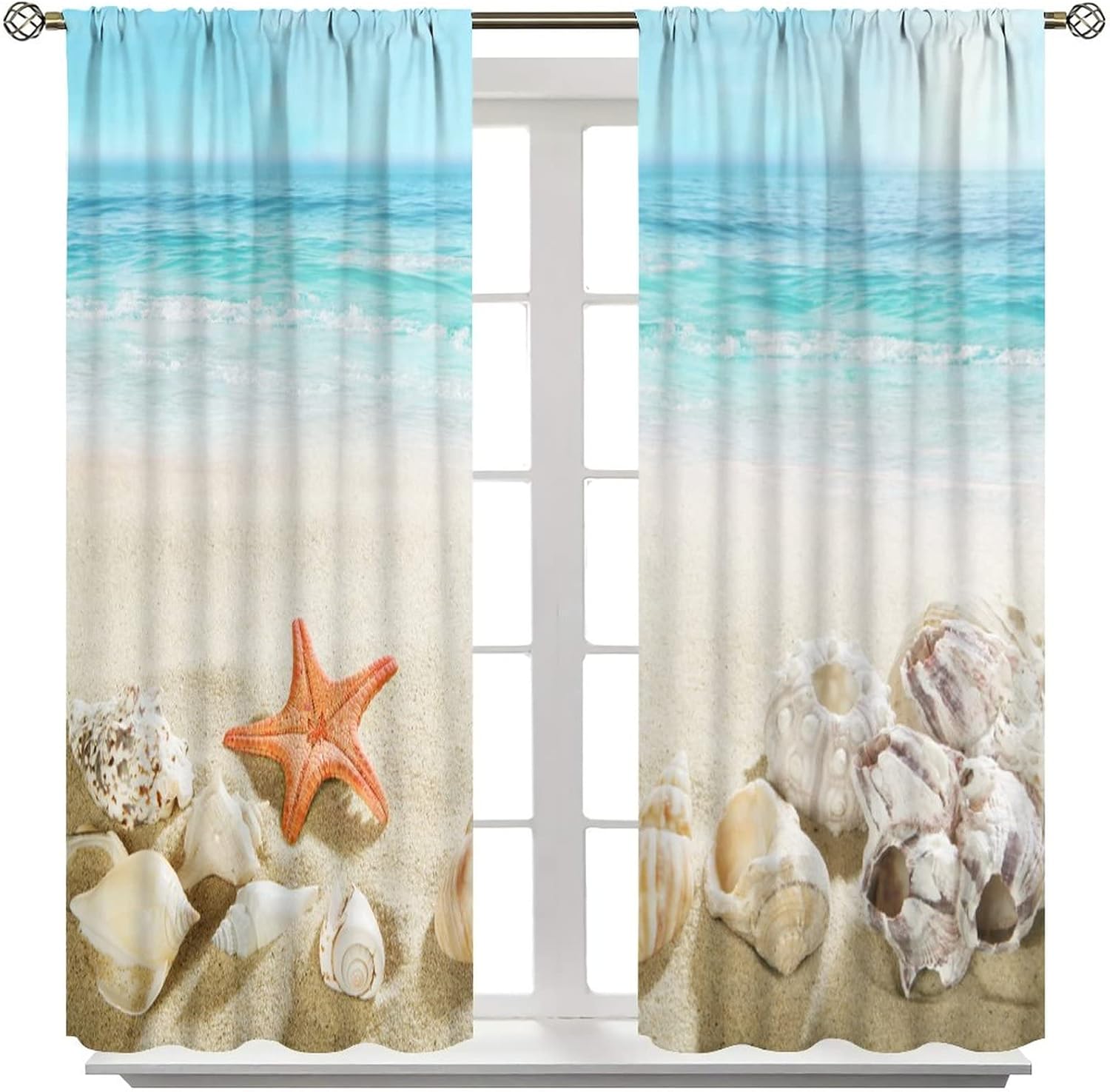 Warm Journey Curtains, Coastal Beach Clear Seawater Printed Decorative Curtains Kids Room Nursery Bedroom Kitchen Living Room Seashell Starfish, 2 Panels, 72x63 Inch