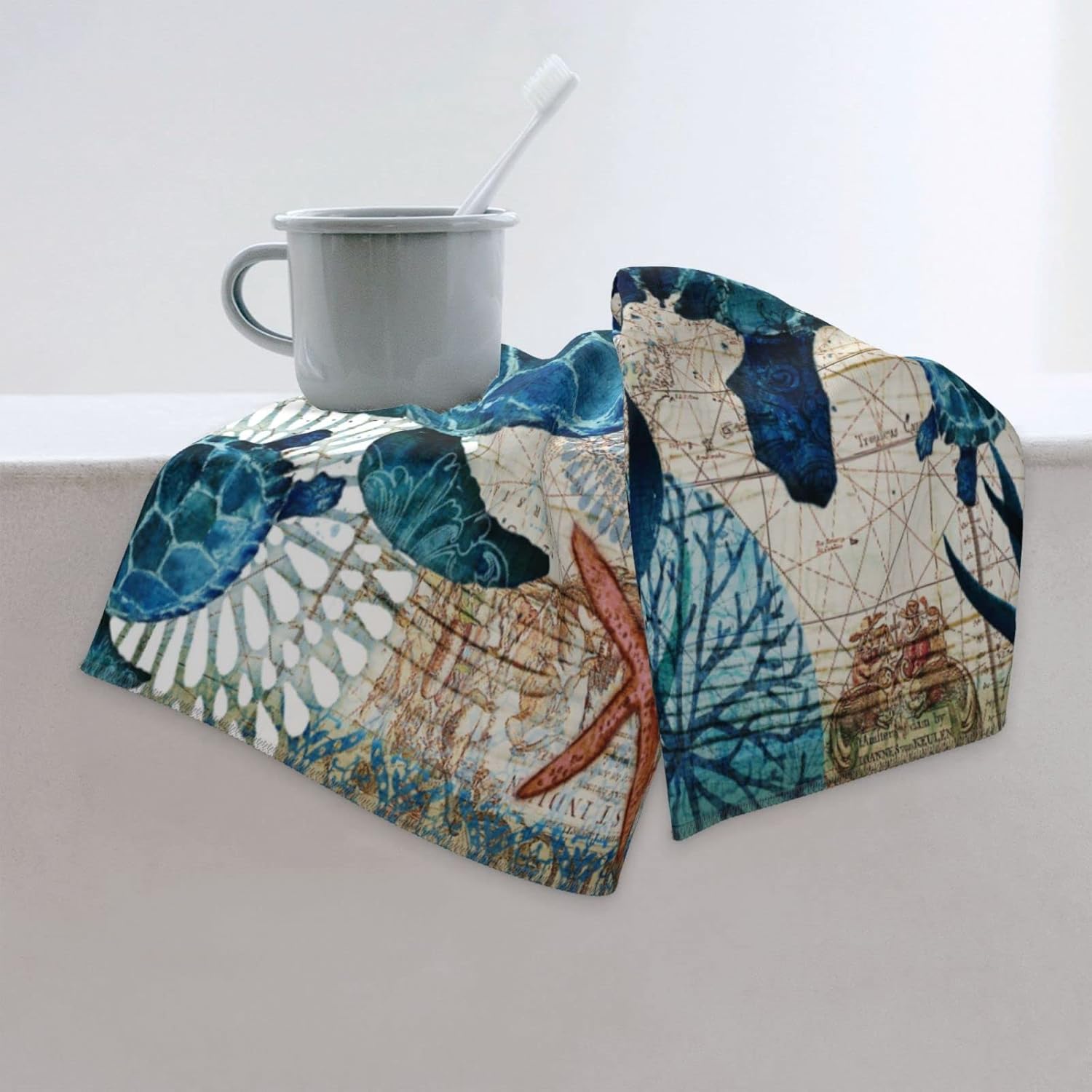 Sea Turtle Hand Towels for Bathroom Set of 2 Vintage Ocean Beach Theme Bathroom Hand Towel Ultra Soft Absorbent Small Bath Towels Kitchen Dish Guest Towel for Hotel,Spa,Gym,Home Decor 15.7"x27.5" Teal - Image 7