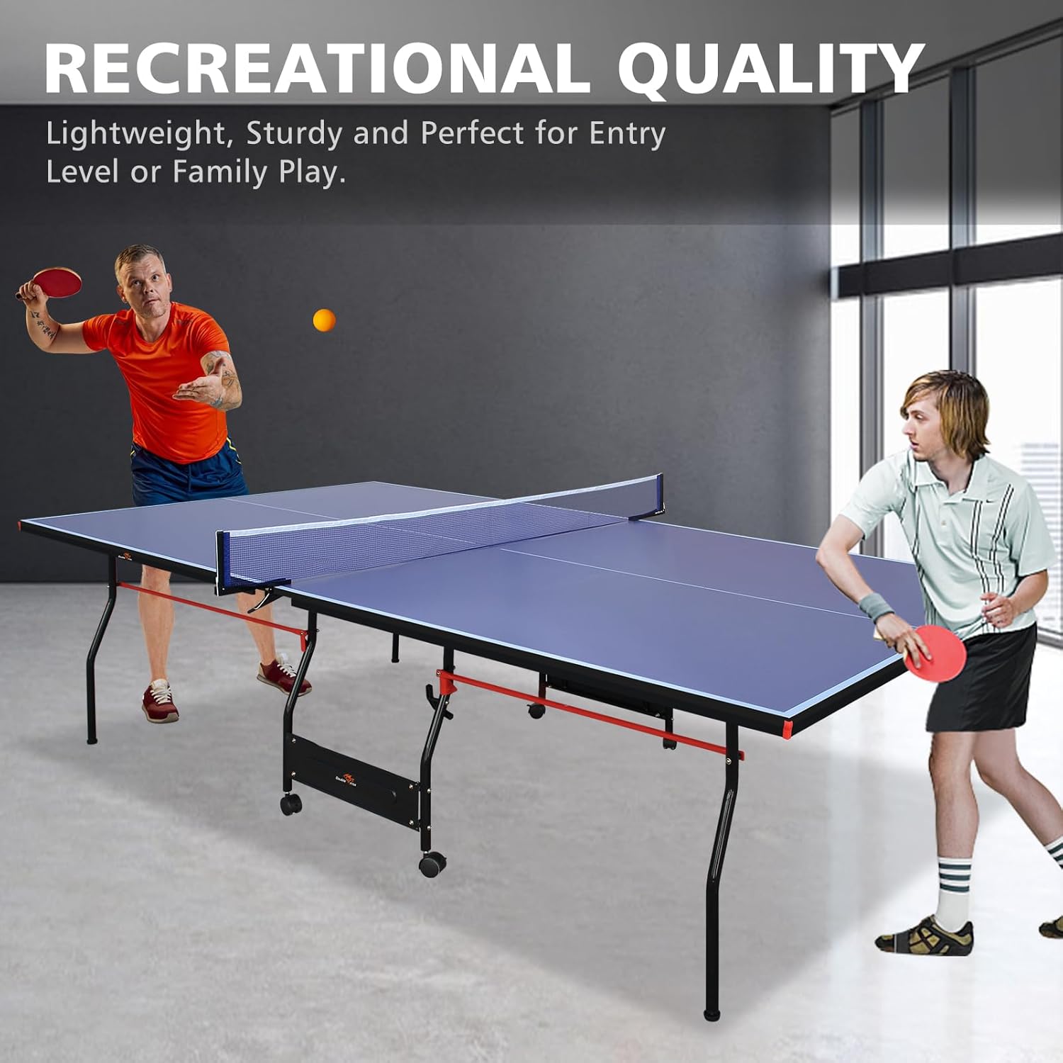 [Folding Table Tennis] 9 Ft Folding Regulation Table Tennis Table 2 Paddles, 2 Balls, 1 Net and Post Set, Blue, Fold Up Design, 4 Wheels for Easy Movement