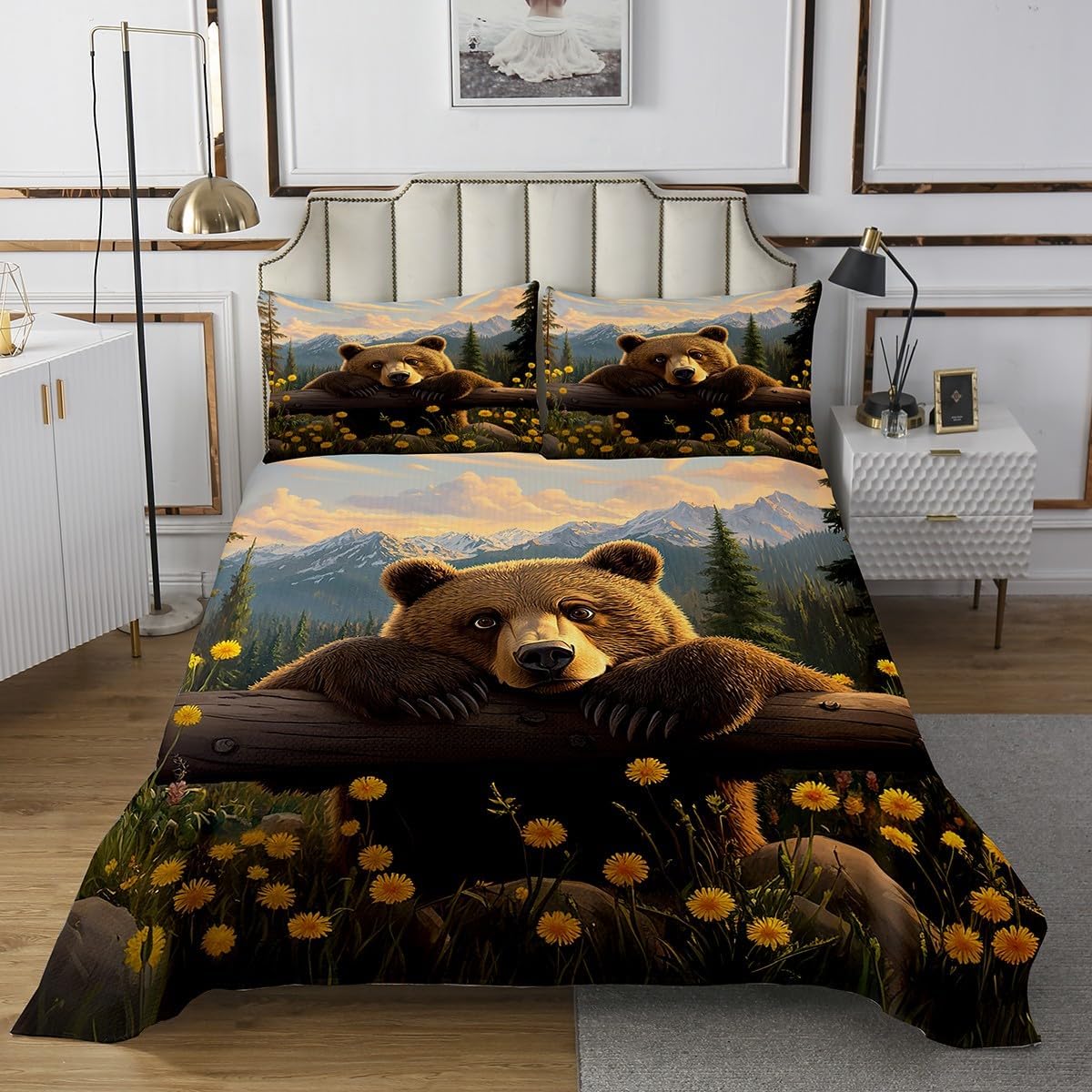 Erosebridal Rustic Bear Bedspread Set King Woodland Animals Coverlet Set for Kids Adult | Cabin Lodge Decor Daisy Wildflowers Cottagecore Bedding Set Nature Mountain Trees Hunting Theme Bed Set
