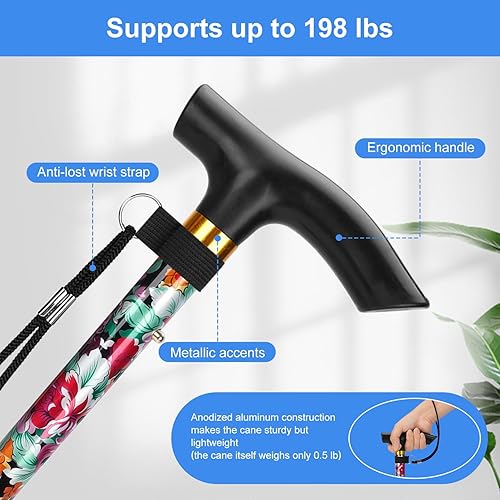 Miniatura 4 de SupreGear Bastón plegable, de viaje, portátil, 5 niveles de altura ajustable, ligero, con correa para la muñeca y mango en T, para personas mayores,