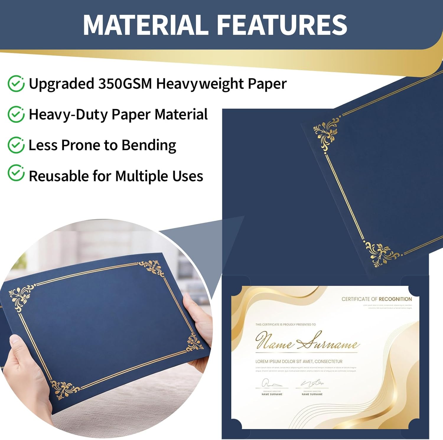 Binditek 50 Pack Certificate Holders, 350GSM Diploma Folders with Gold Foil Border, Navy Blue, Fits 8.5″ × 11″ Certificates for Graduation & Awards