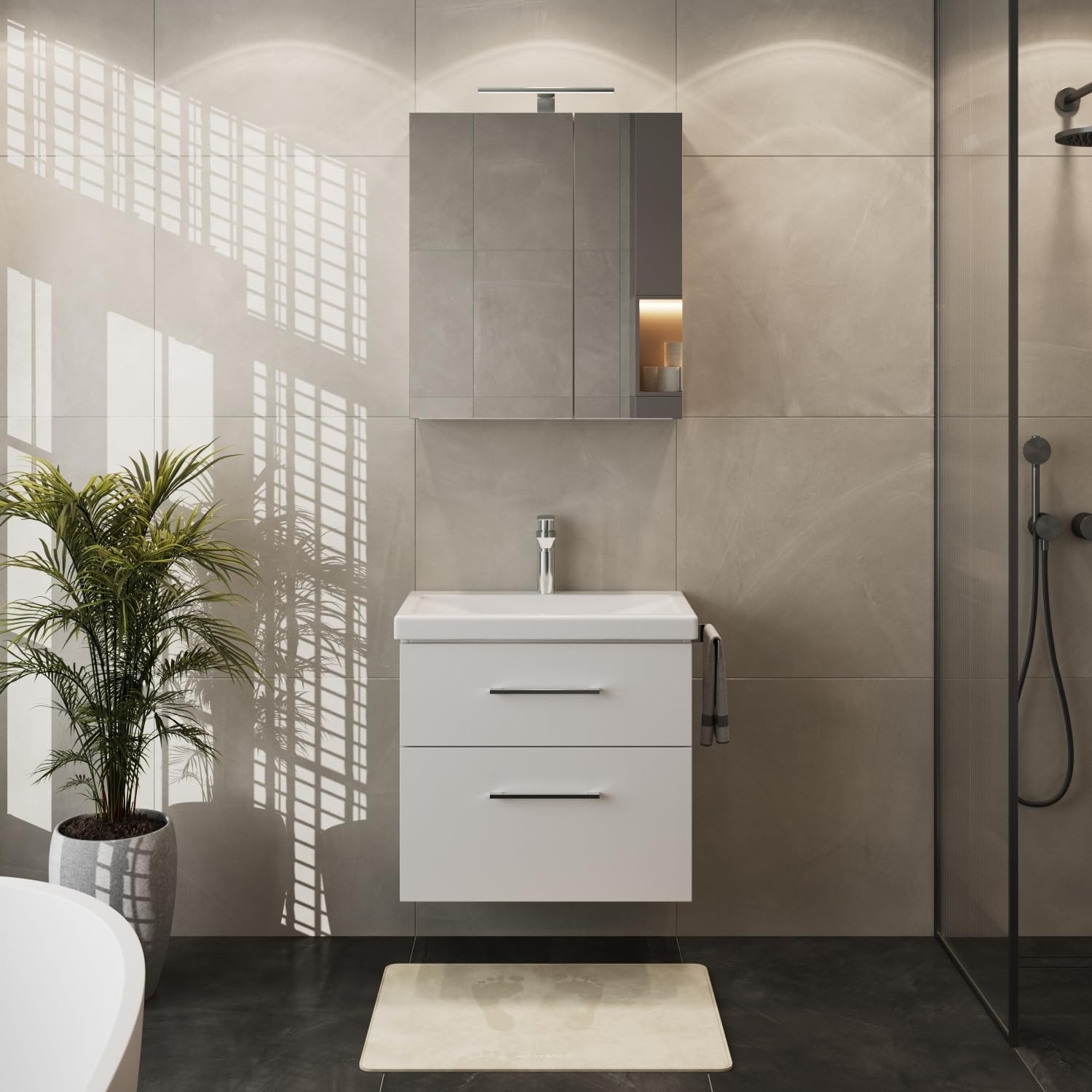 Planetmöbel Set di mobili da bagno lavabo con mobiletto 63 x 60 x 36,5 cm, mobile lavabo moderno per bagno e WC ospiti, bianco