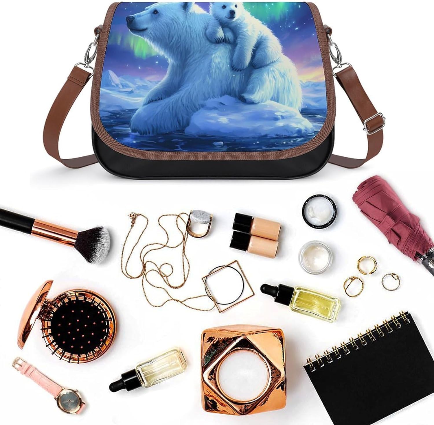 White Bear Northern Lights Women's Shoulder Handbags Cute PU Leather Purse Crossbody Messenger Bags