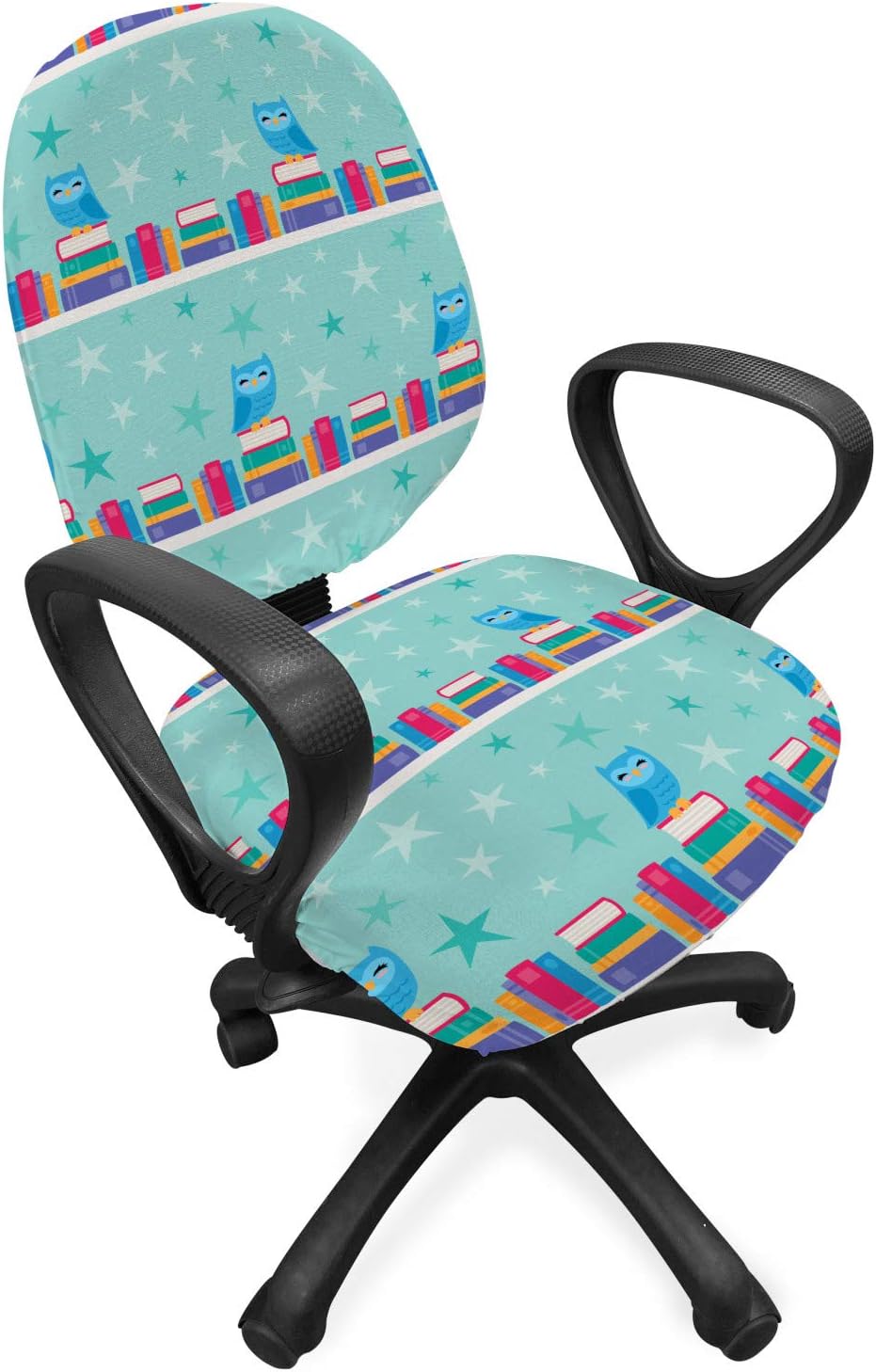 Ambesonne Owl Print Office Chair Slipcover, Horizontally Designed Pattern of Stacked Books on Shelves and Stars, Protective Stretch Decorative Fabric Cover, Standard Size, Seafoam Multicolor