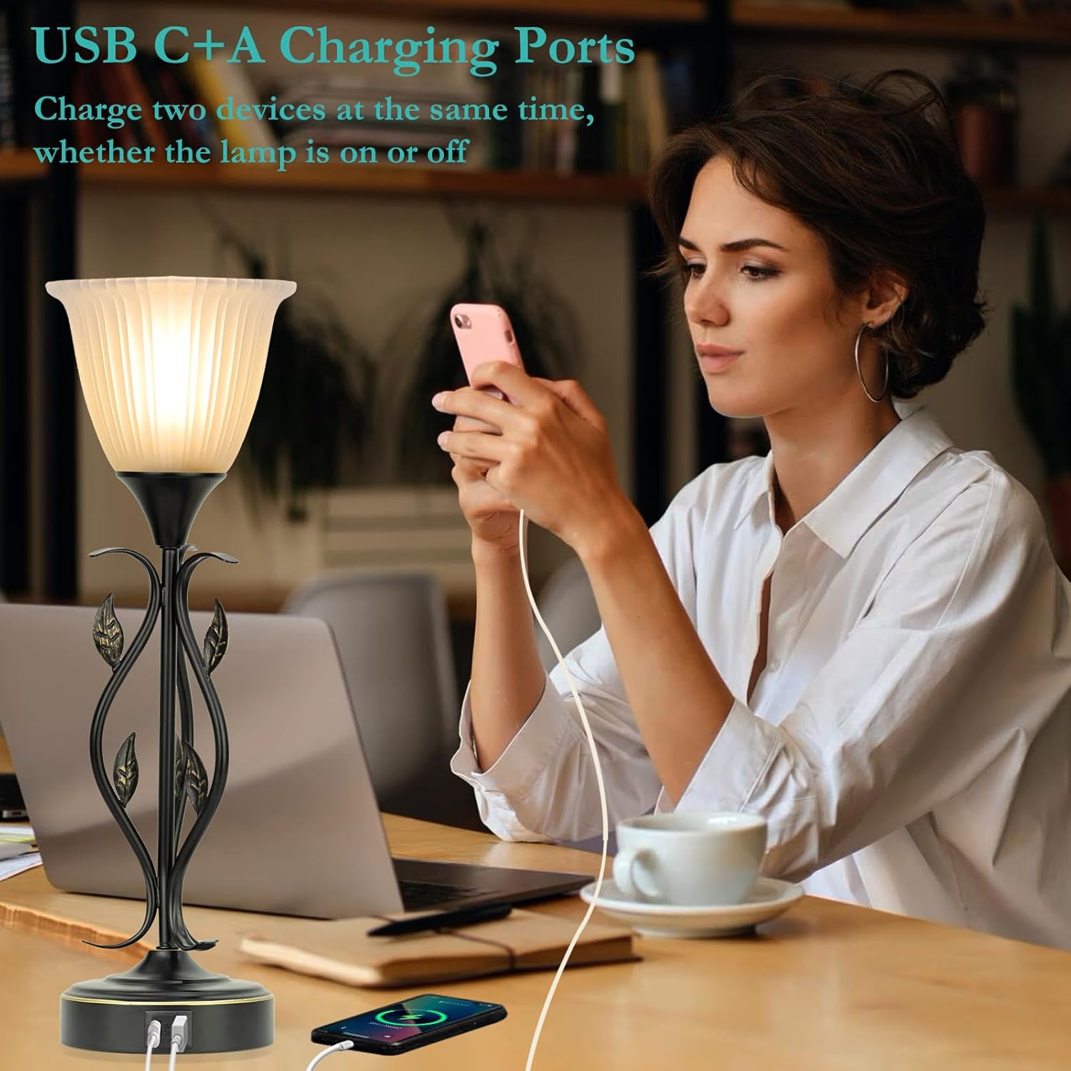 Bedside Lamps Set of 2, Torchiere Lamps for Night Stands with Dual USB Charging Ports, 3 Way Touch Nightstand Lamps with Rustic Vines Leaf and Glass Shade Table Lamp for Living Room, LED Bulb Included