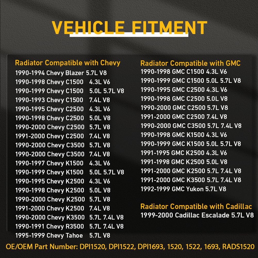 3 Row Radiator for 1990-2000 Chevy GMC C1500 C2500 C3500 K1500 K2500 K3500, Chevy Blazer Tahoe, GMC Yukon, Aluminum Radiator for Chevy GMC 1990-00 1991 1992 1993 1994 1995 1996 1997 1998 99
